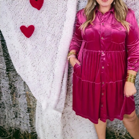 💖Rose Red Plus Size Velvet Long Sleeve Button Up Tiered Dress💖 - Picture 3 of 3